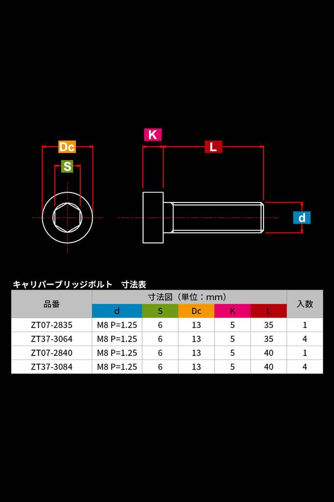 ZETA RACING Brembo Caliper Titanium Brake Caliper Bridge Bolt Set M8 X 40mm D6974 Model Dirt Freak DIRTFREAK 2-piece P=1.25 (4 Pieces) (old Number
