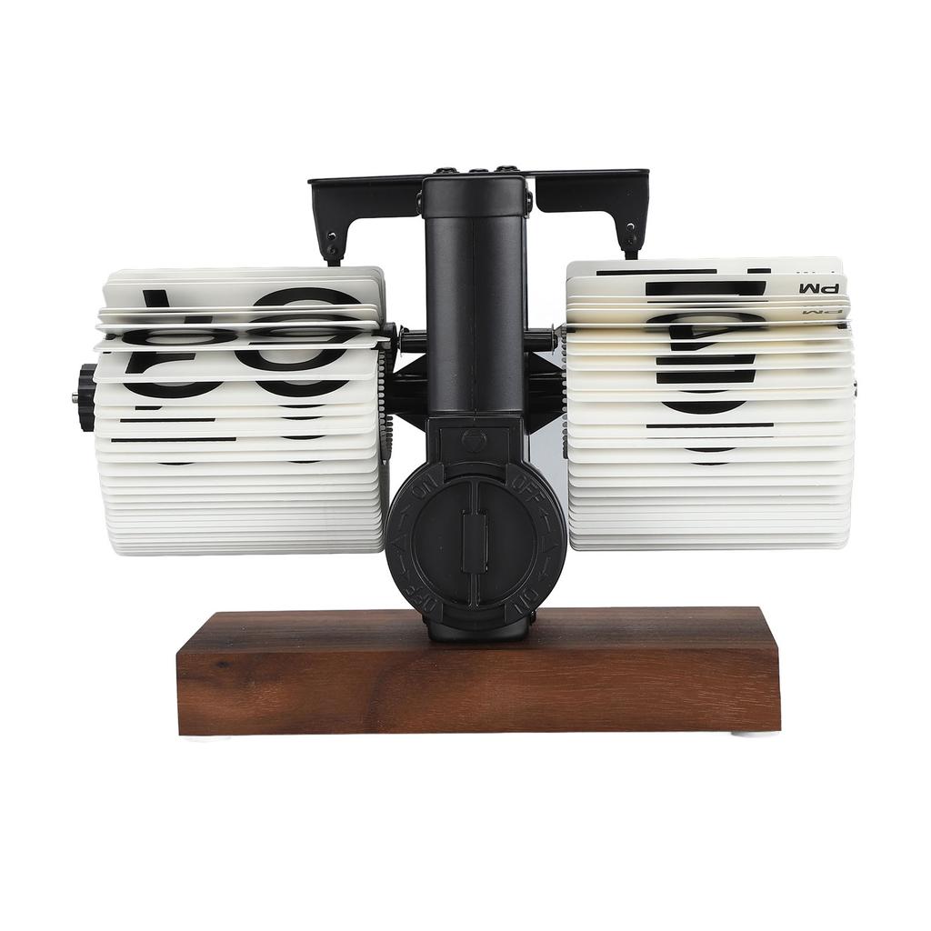 Digital Flip Clock 12 Hours Single Sided Large Number Automatic Retro Mechanical Flip Clock with Wood Base for Bedroom Office