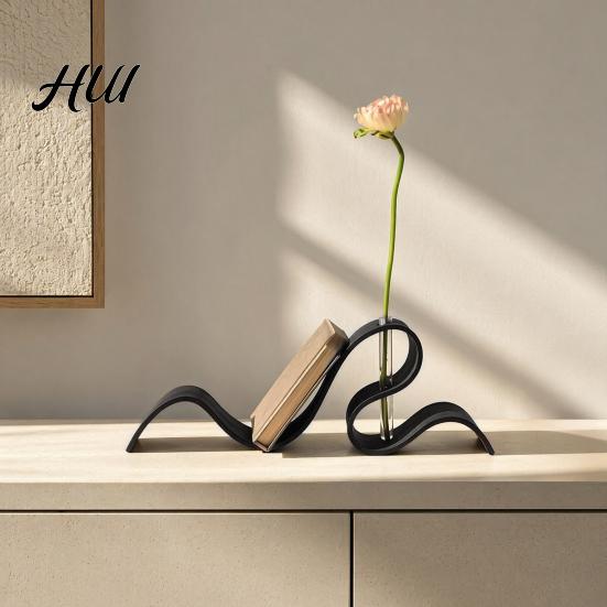 Book Holder 3D Printed Wave Bookshelf, Modern Abstract Ribbon Style Stand, Elegant Vase Bookshelf Combo Desk Organizer for Magazines, Flower