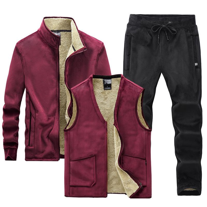 Флисовый свитер, мужской костюм ягненка, осенне-зимний комплект с капюшоном для отдыха среднего возраста, комплект из трех предметов