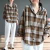 Women Shirt Hooded Drawstring Long Sleeve Plaid Print Patchwork Color Shirt Tops Single Breasted Loose Fit Shirt Coat