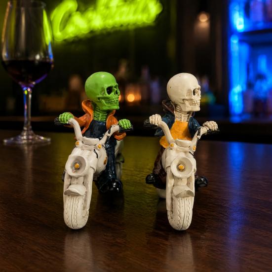 Unique Motorcycle Enthusiast Gift Halloween Skeleton Riding Figurine, Gothic Spooky Statue for Home Gifts Skull Collectors Garden, Resin Biker