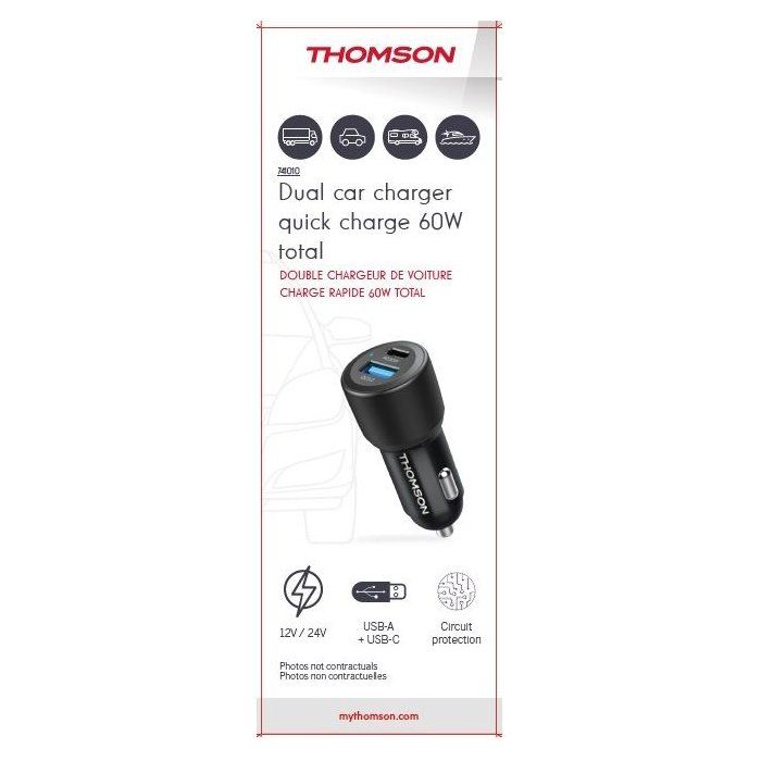 Chargeur voiture THOMSON - 12V/24V 60W - USB-C: PD 30W+ USB-A QC 3.0 30W