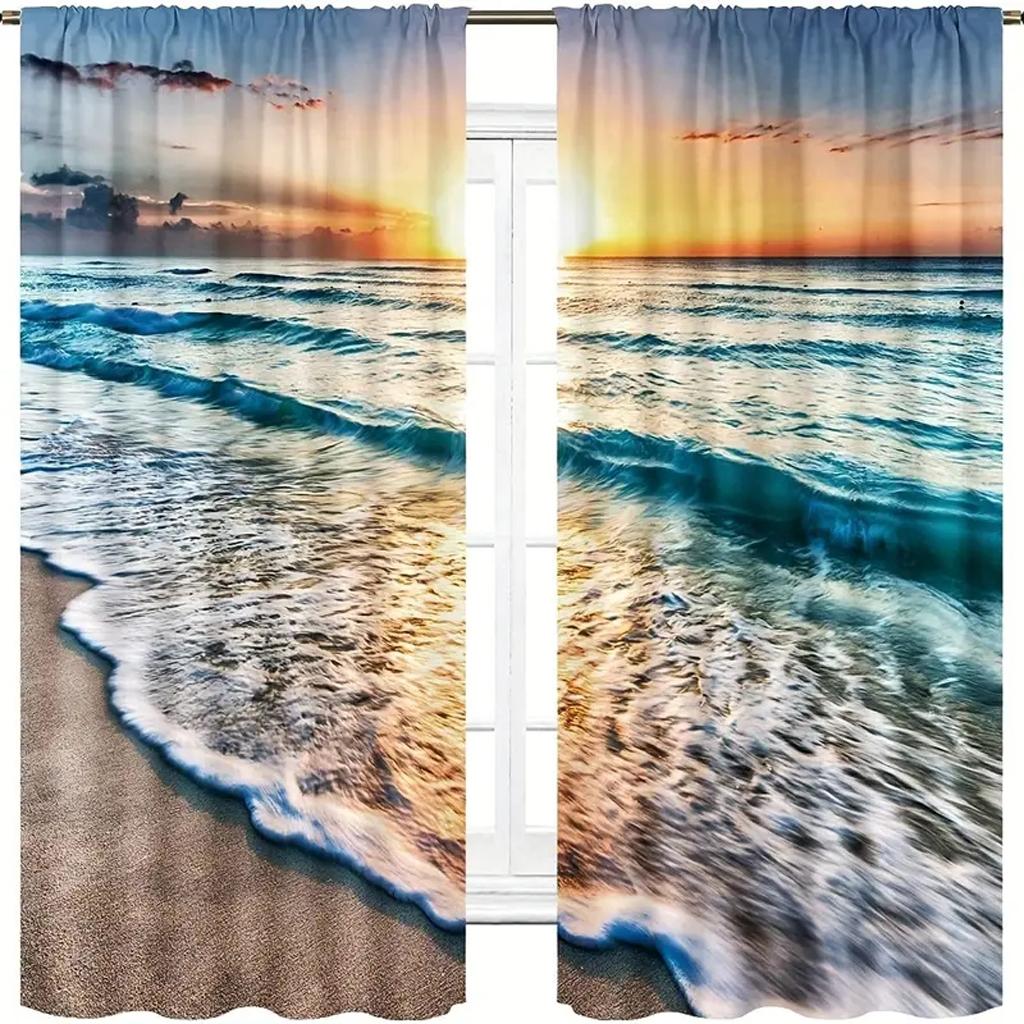 2pcs 3D Balcony Beach Landscape Curtain Window Treatment For Bedroom Living Room Kitchen Study Room Home Decor Free Shipping