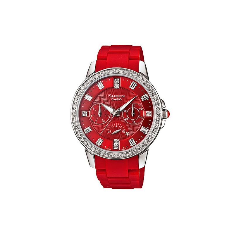 Casio SHEEN Life Водонепроницаемый Кварцевый Механизм Ремешок из Смолы Японские и Корейские Часы Женские Часы Красный Циферблат SHE-3023-4A