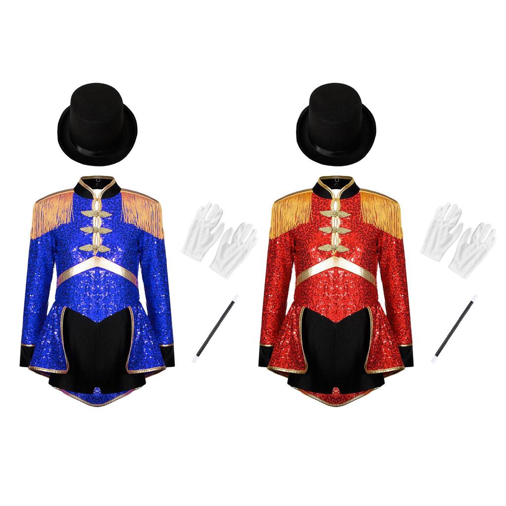 4Pcs Kids Girls Ringmaster Circus Magician Drummer Cosplay Costume Sequins Bodysuit with Hat Gloves Wand Set Halloween Circus Costume