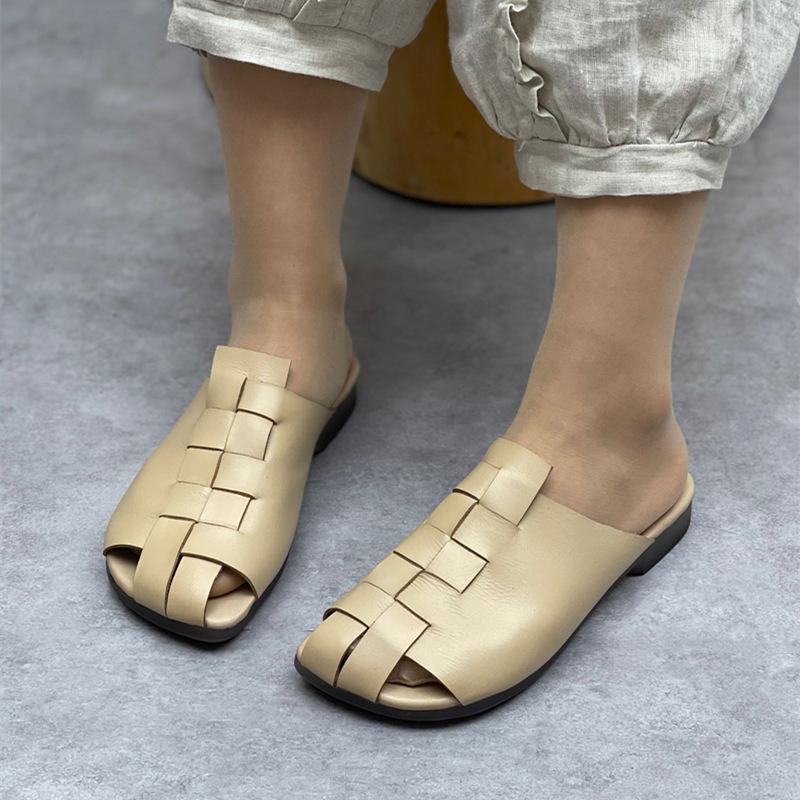 Johnature Плетеные тапочки на плоской подошве из натуральной кожи ручной работы. Женская обувь с круглым носком и мягкой подошвой. Уличные шлепанцы в стиле ретро.