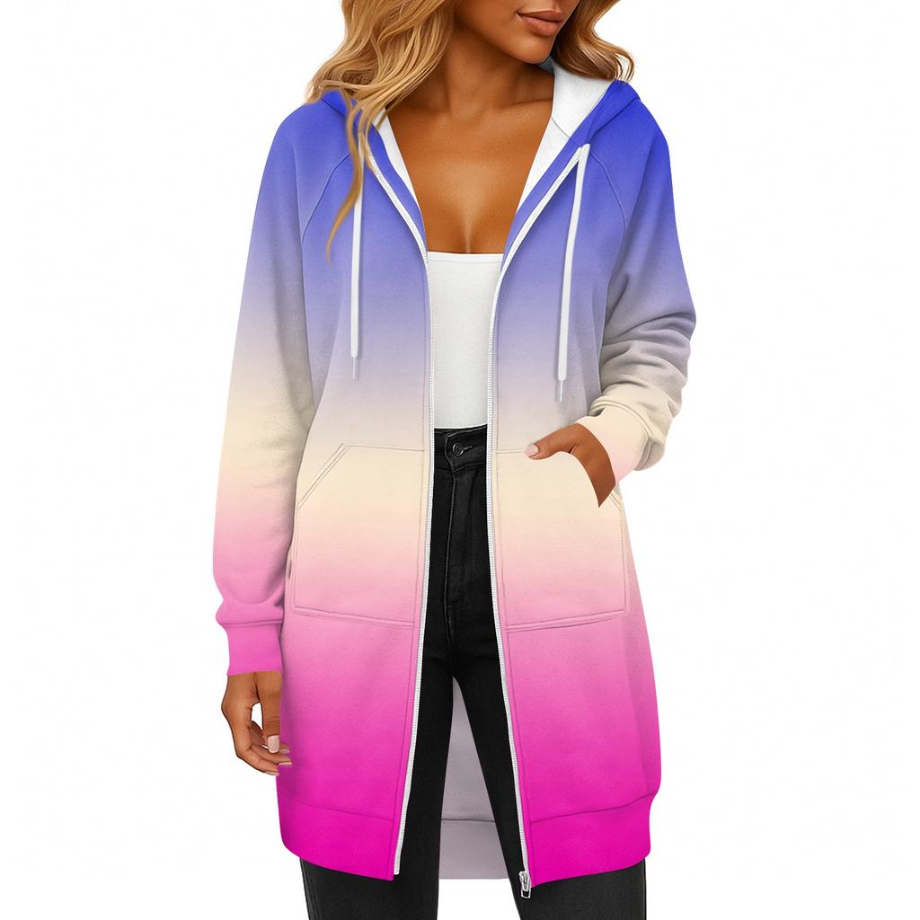 Women's Fashionable Printed Long Sleeved Drawstring Hooded Zipper Pocket Long Casual Sweatshirt Jacket