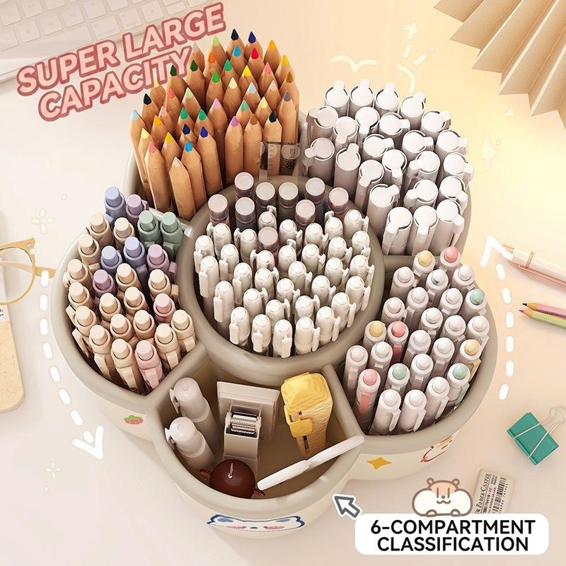 Cartoon Rotating Pen Holder 360° Rotation Non-slip Base Large Capacity Desk Organizer for Student School Stationery Storage