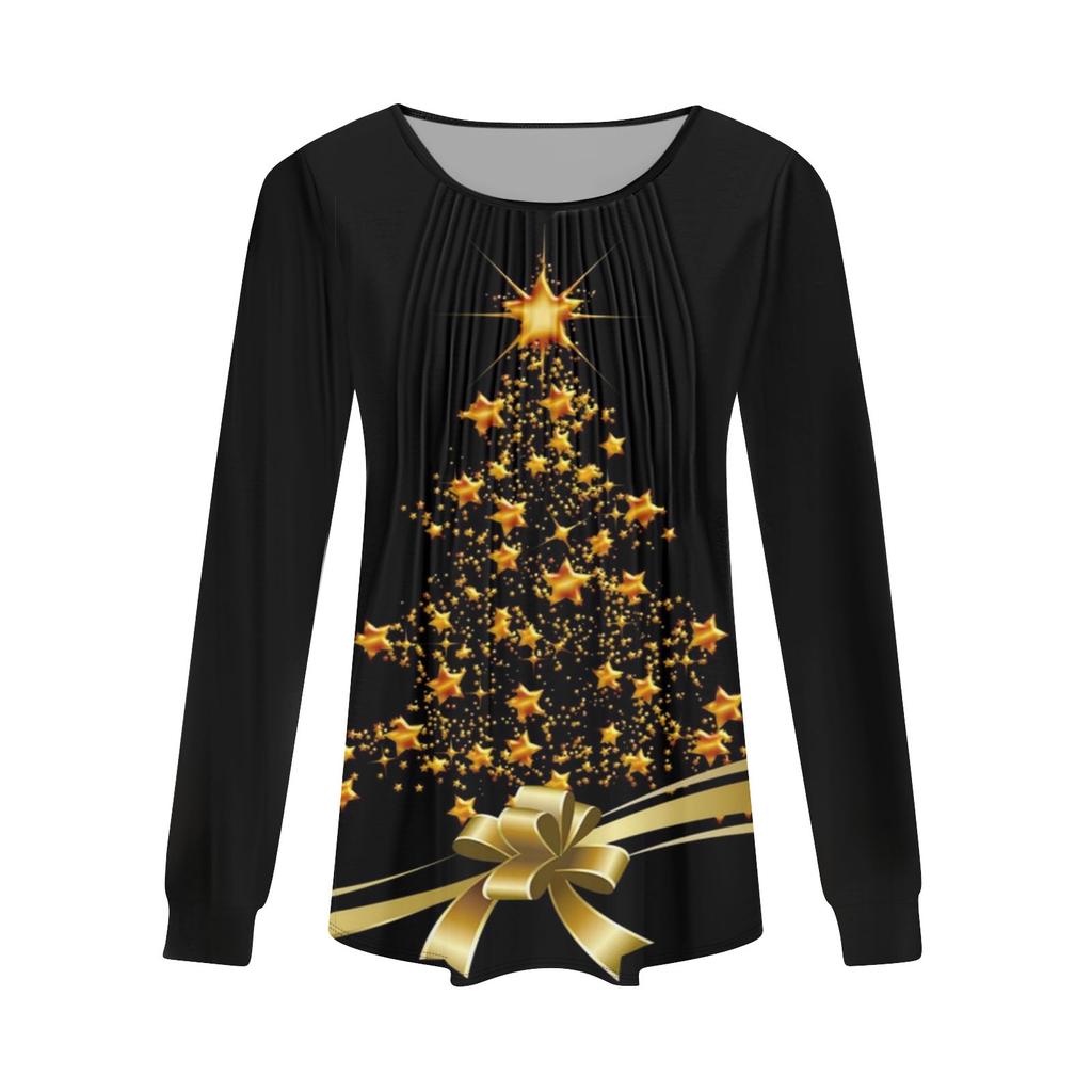 Женская модная повседневная плиссированная футболка с круглым вырезом и рождественским принтом с длинными рукавами
