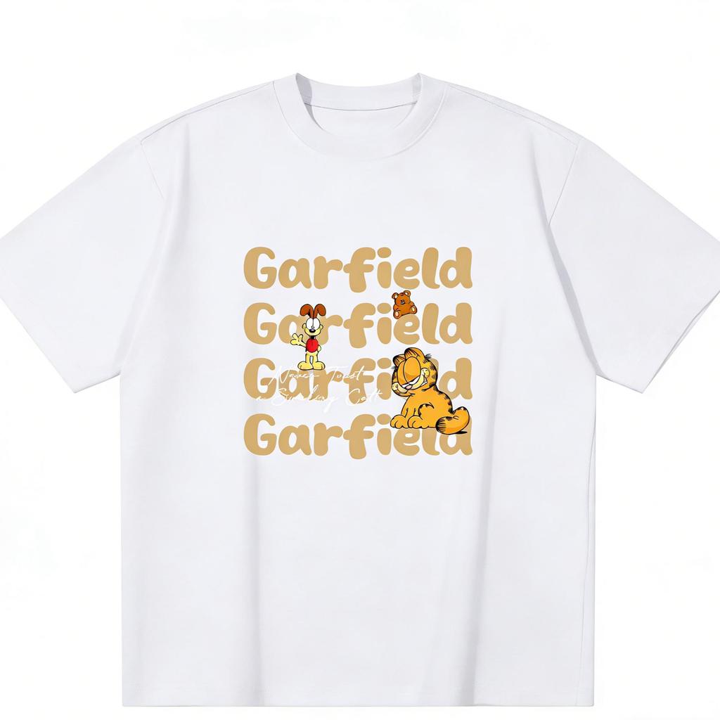 Garfield И футболка с повторяющимися буквами и Оди! Американский ретро, веселый принт, свободная короткая футболка, унисекс, оверсайз, парная футболка