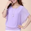Women Fashion Loose O-neck Solid Color Summer Chiffon Blouse Tops