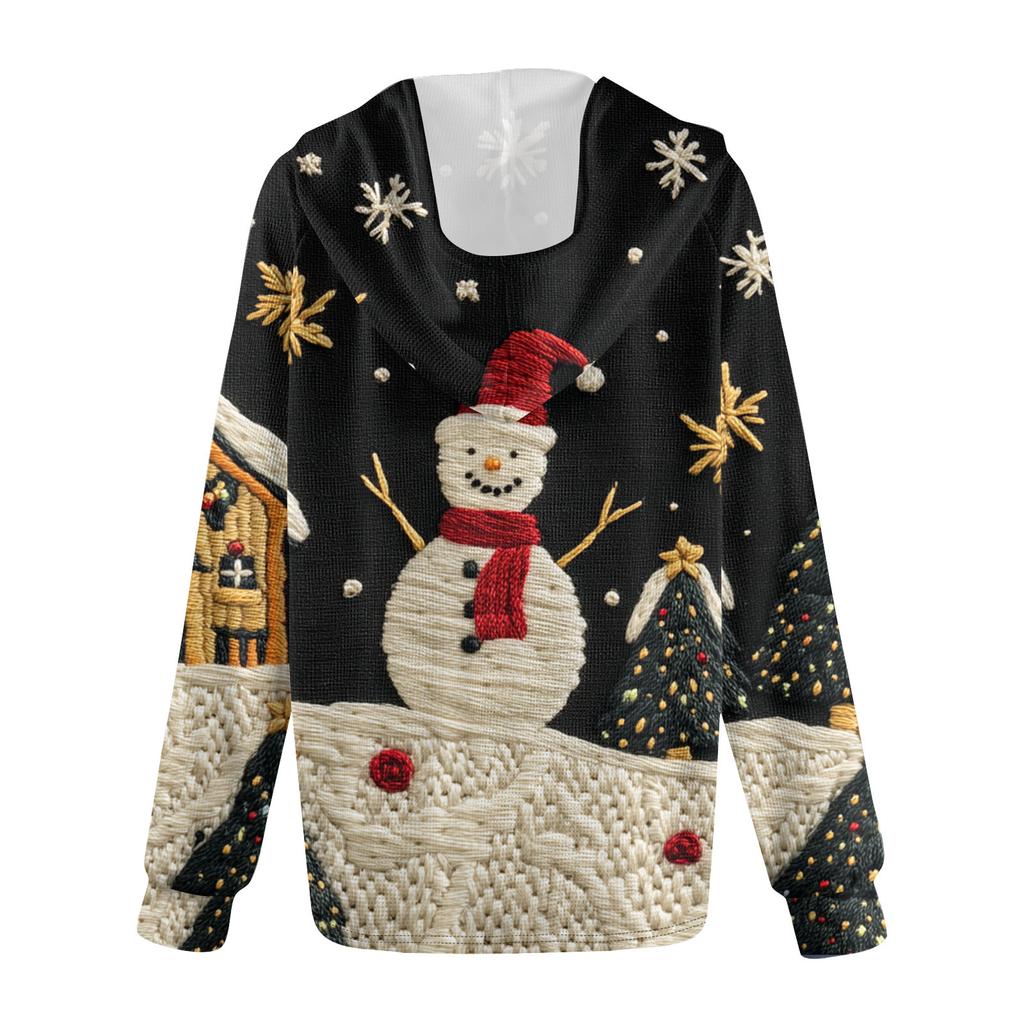 Женская мода с длинным рукавом, завязками на шнурке, капюшоном, пуговицами, V-образным вырезом, повседневная толстовка с капюшоном и рождественским принтом