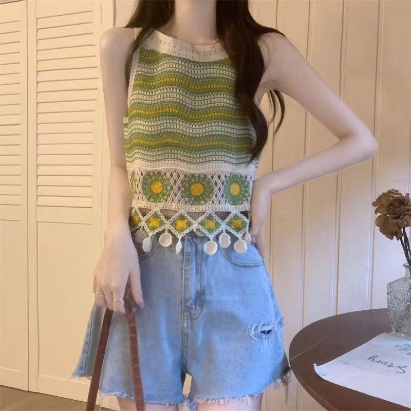 Вязаный крючком топ-майка с ажурной цветочной вышивкой, женский летний, ретро, этнический дизайн, с кисточками, короткий