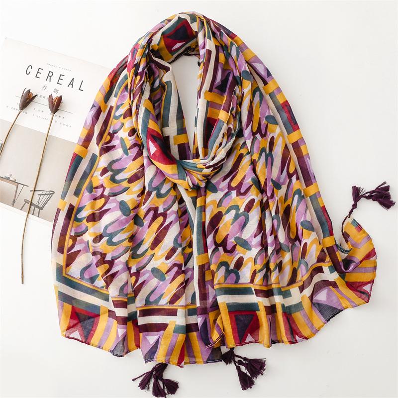 Синий шелковый шарф в стиле бохо с банановыми листьями - солнцезащитная шаль с кисточками