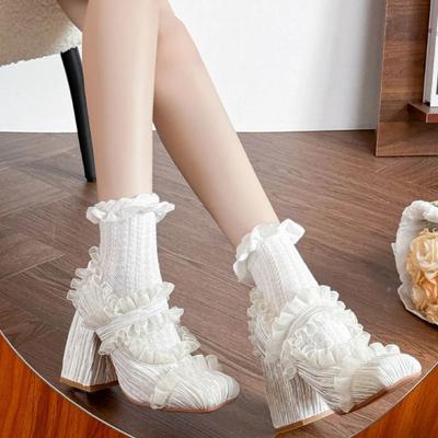 Дизайн бренда Рюши Сладкая Лолита Мэри Джейн Туфли-лодочки Кружево Плиссированный Балетный стиль Складки Массивный Высокий каблук Обувь Женская