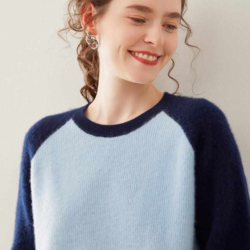 Women's Color Block Cashmere Sweater - Round Neck, Thick Knitwear for Autumn/Winter, Soft and Cozy Pullover