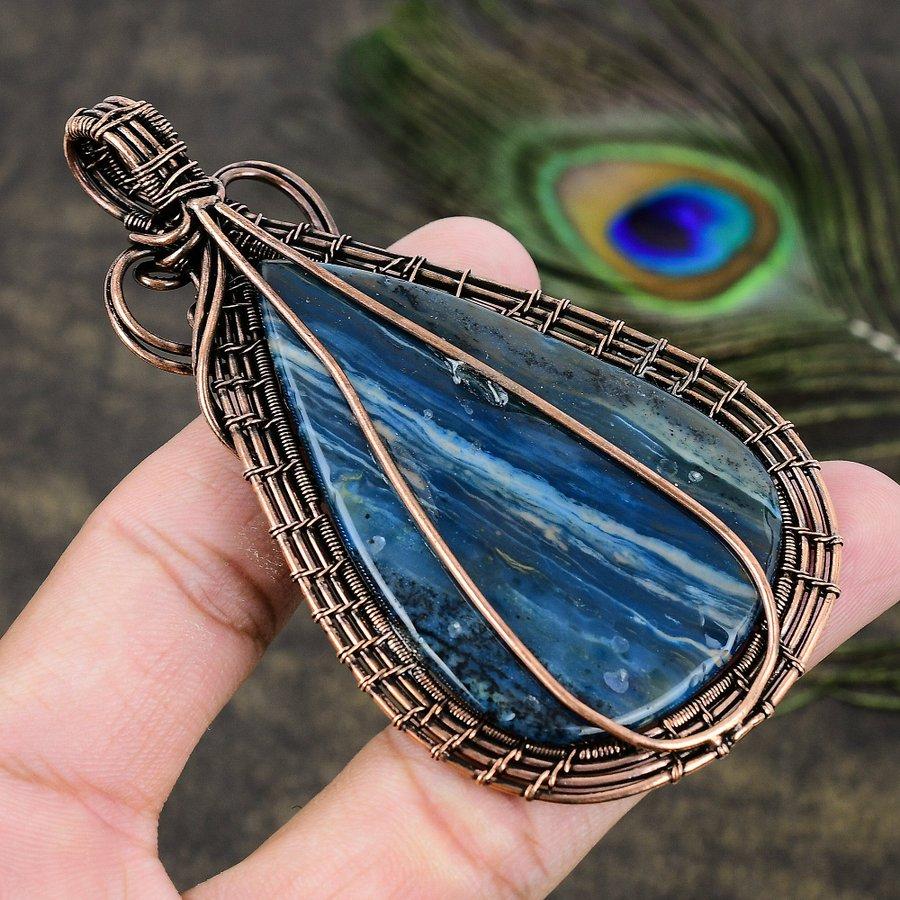 Blue Dendritic Gemstone Copper Wire Wrap Jewelry Pendant 3.62