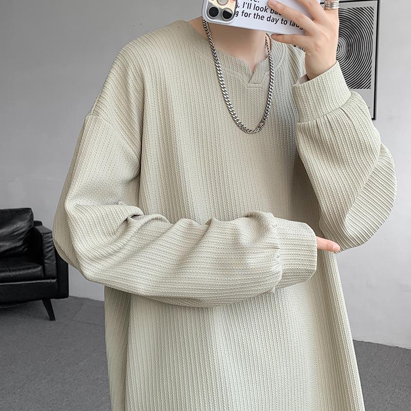 Autumn and Winter Men's Loose Fashion Striped Long-sleeved T-shirt Japanese Versatile Handsome Rotator Sleeve Sweater