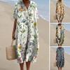 Летнее женское платье с v-образным вырезом и короткими рукавами, свободное винтажное платье-миди с цветочным принтом в богемном стиле, трапециевидное пляжное платье-миди для свиданий