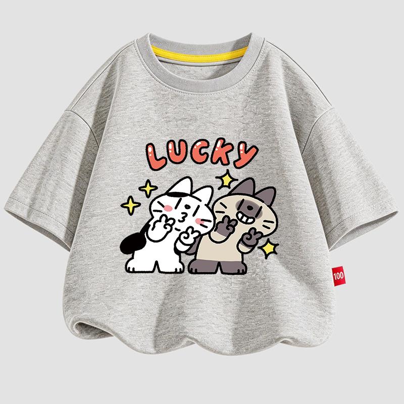 Lucky Cat Pattern Kids Short Sleeve TShirt 100 Cotton Fashion Daily Clothing Soft Children Tops for 310 Years Boys Girls