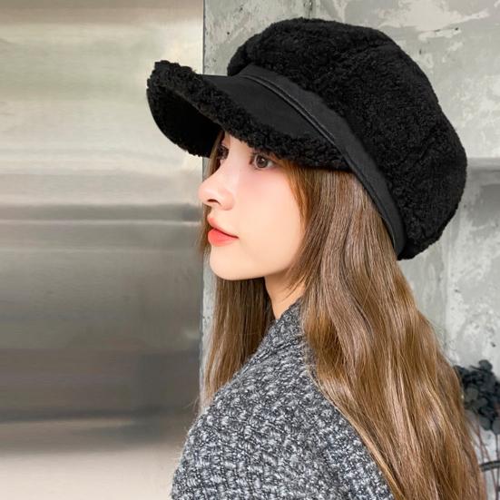 Winter Octagonal Cap Thick Plush Short Brim Contrast Color Keep Warm Peaked Cap Literary Retro Style Headwear for Work Travel Daily Wear