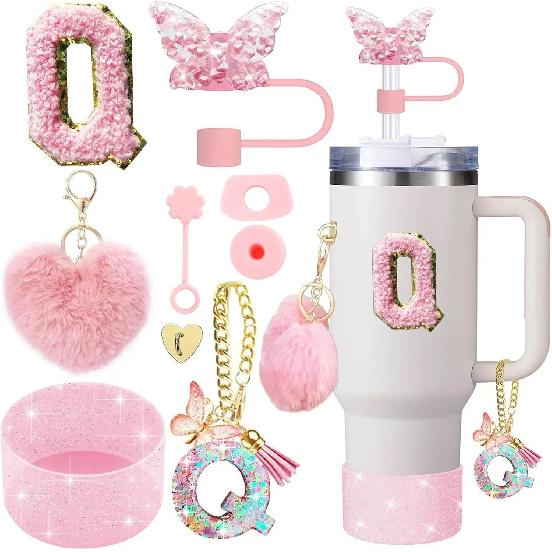 9PCS Accessory Set for Stanley Cup 30oz 40oz Butterfly Straw Cover Cap Silicone Boot Charm Initials Sticker Spill Proof Stopper Cup Holders 5