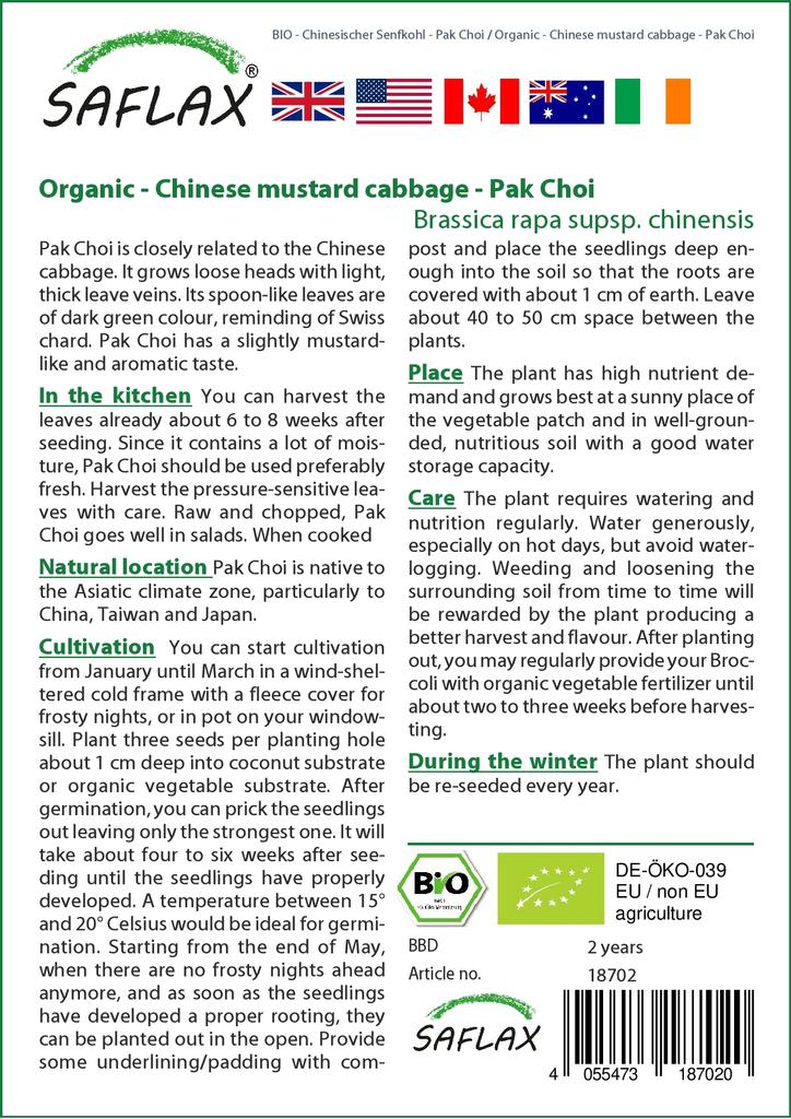 SAFLAX Garden in the Bag - Органическая - Китайская горчичная капуста - Пак Чой - 300 семян - С субстратом в подходящем стоячем пакете - Brassica rapa