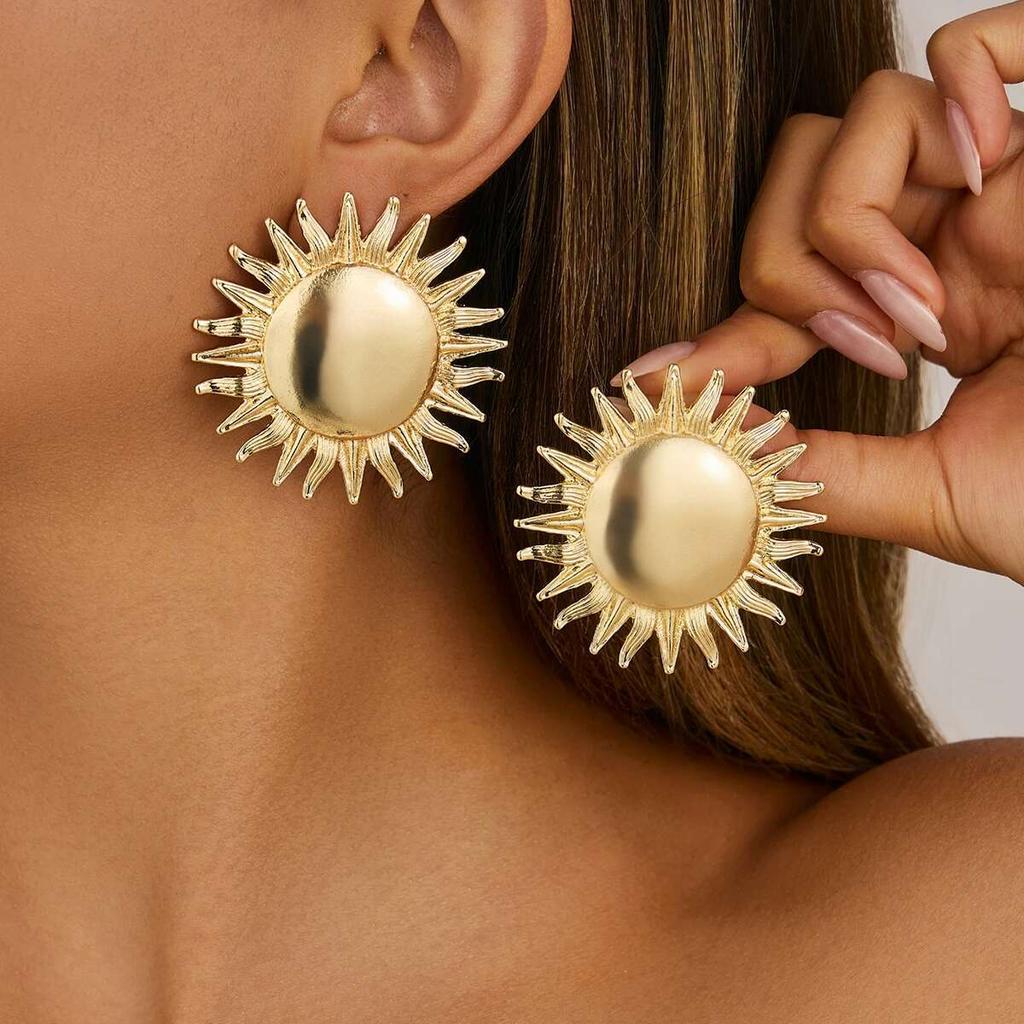 PuRui Punk Big Sunflower Studs Earrings Women Trendy Smooth Geometry Piercing Simple Earrings Summer Vacation Zircon Gift New