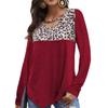 Autumn Winter Women's T-shirt Round Neck Leopard Pattern Spliced Long Sleeve Loose Top