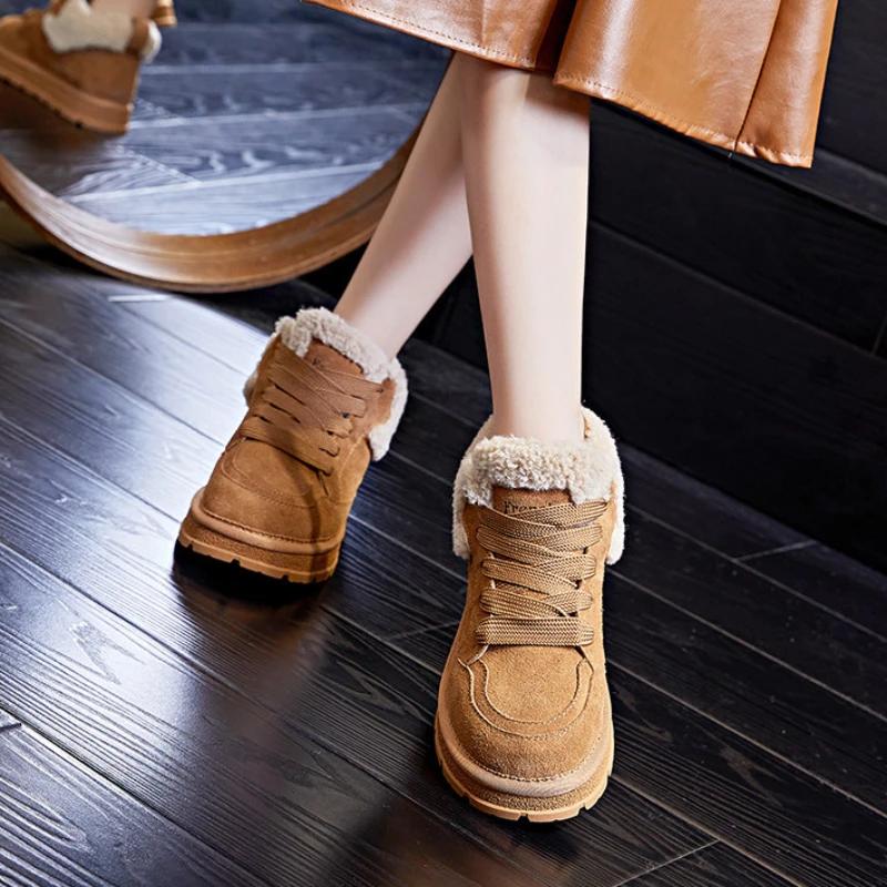 Женские ботинки для отдыха на плоской подошве с толстой подошвой и плоским дном, со шнуровкой, зимние плюшевые замшевые теплые меховые туфли для прогулок зимой