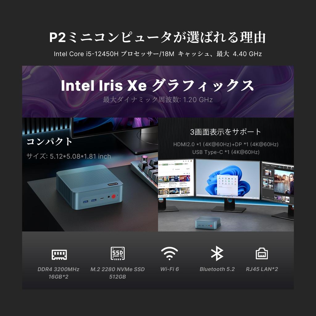 BOSGAME Мини-ПК с Intel Core i5 12450H Игровой Мини Мини-Настольный Компьютер с 16 ГБ 1 ТБ Хранилища до 2280 Дисплей WIFI Двойной Гигабитный ПК, ОЗУ, (Вверх