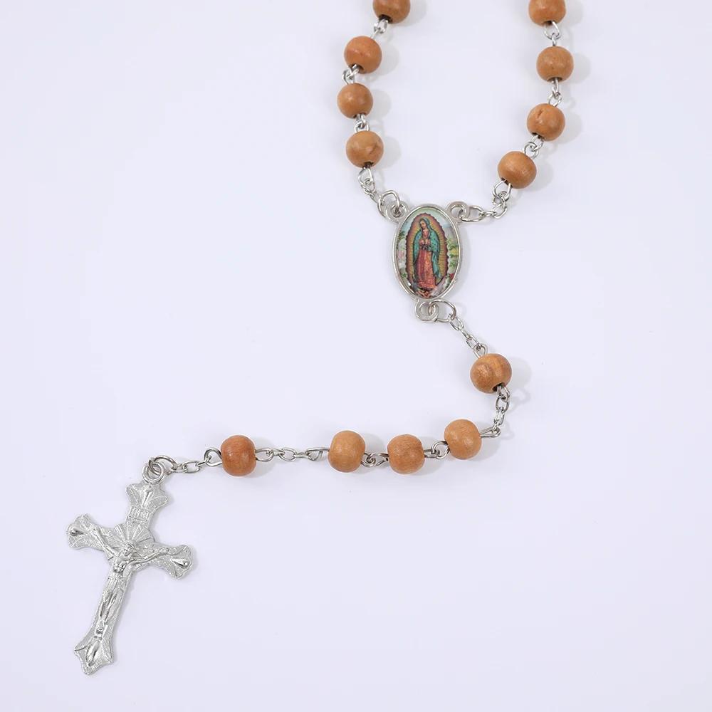 Деревянные четки-ожерелье для женщин и мужчин, религиозный кулон с крестом Девы Марии, длинная цепочка из бусин 6 мм, католическая молитвенная вечеринка, ювелирные изделия