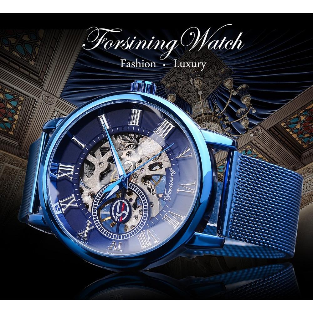 Forsining Часы мужские модные повседневные классические популярные механические часы с синим сетчатым ремнем GMT1140-11-W