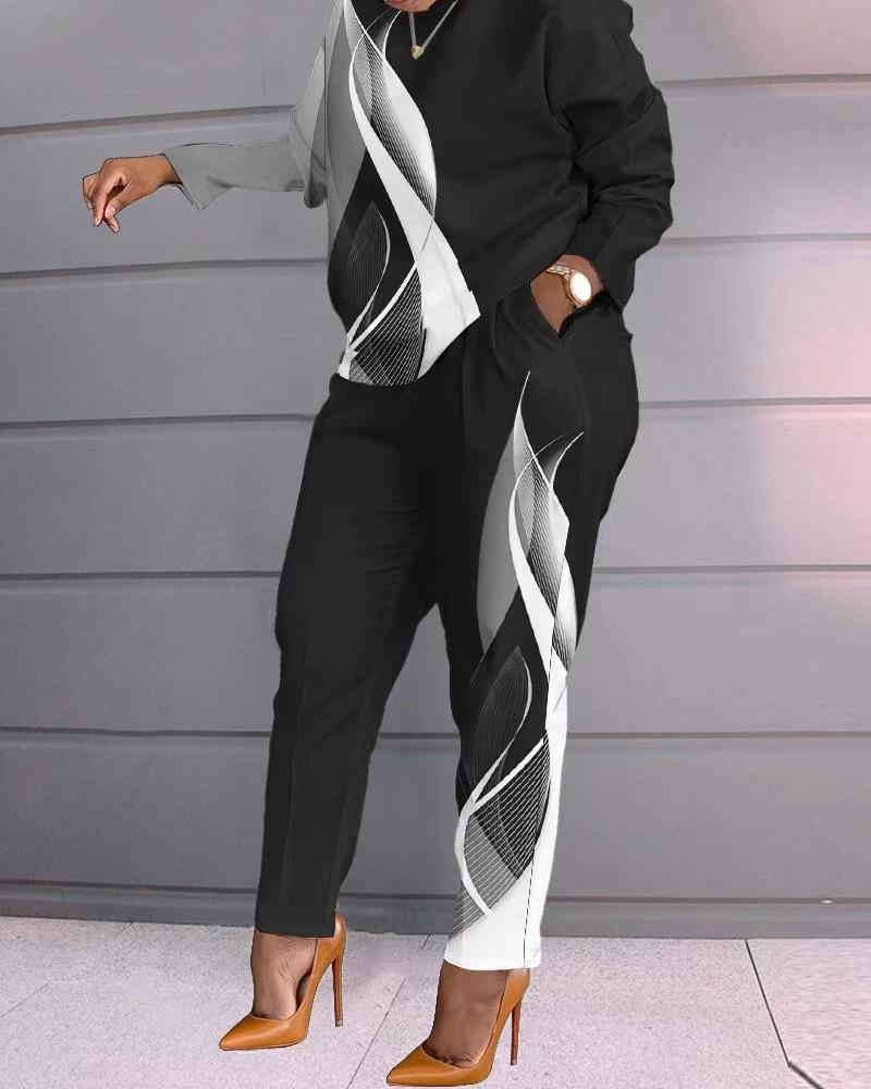 European and American Women's Long-Sleeved Printed Trousers Two-Piece Suit