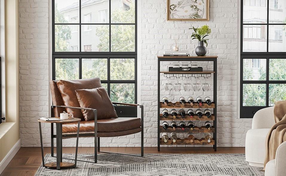 Shelf rack for wine and glasses. Wooden loft wine cabinet.