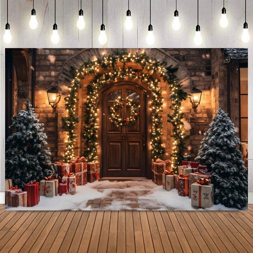 Christmas Winter Outdoor Scene Backdrop Arched Wreath Door Window Baby Shower Kids Portrait Family Party Photography Background2