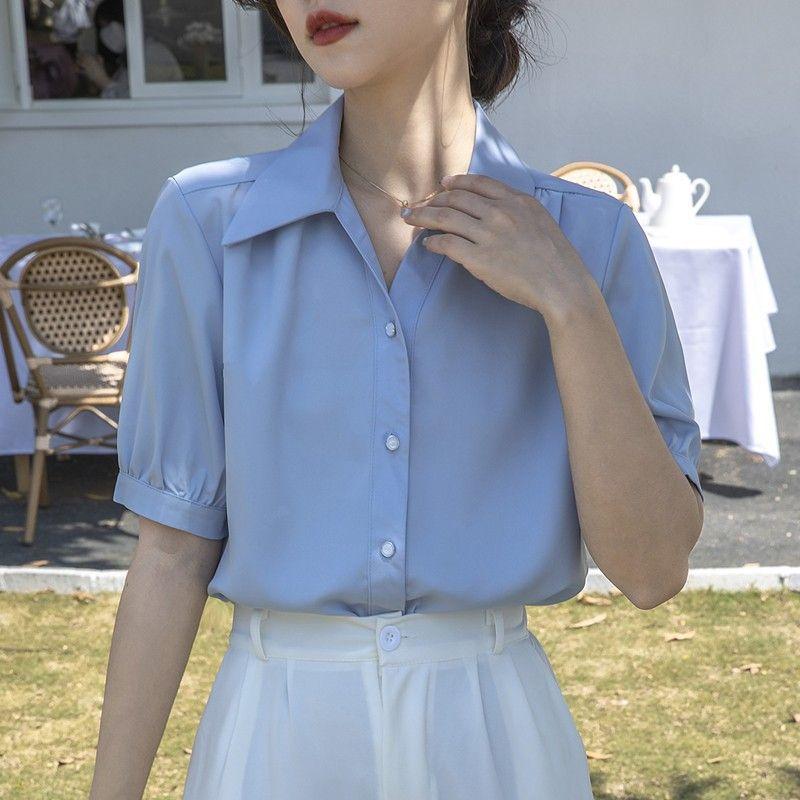 Ретро голубая рубашка с коротким рукавом для женщин Весенне-летняя новинка Формальная рубашка Топ для поездок на работу