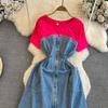 Short Sleeve Denim Dresses for Woman Fake Two Jeans Patchwork Women's Dresses A Line Lace-up O Neck Vestidos Dropshipping