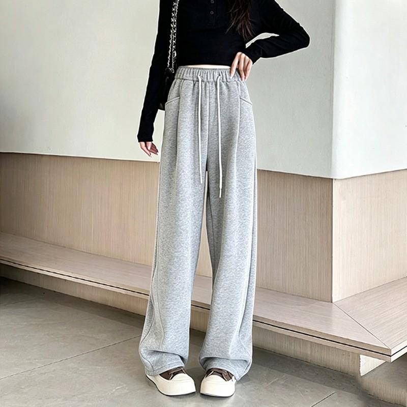 2026 Womens High-Waisted Wide-Leg Wool-Blend Flared Trousers Thickened Fleece-Lined Fall Winter Pants
