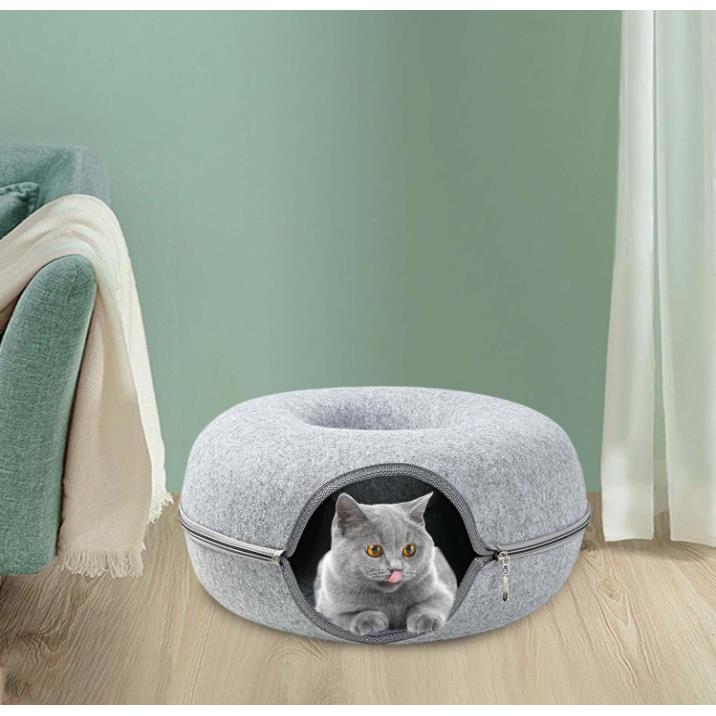 Round Tunnel Cat Bed Comfortable Donut House - light gray