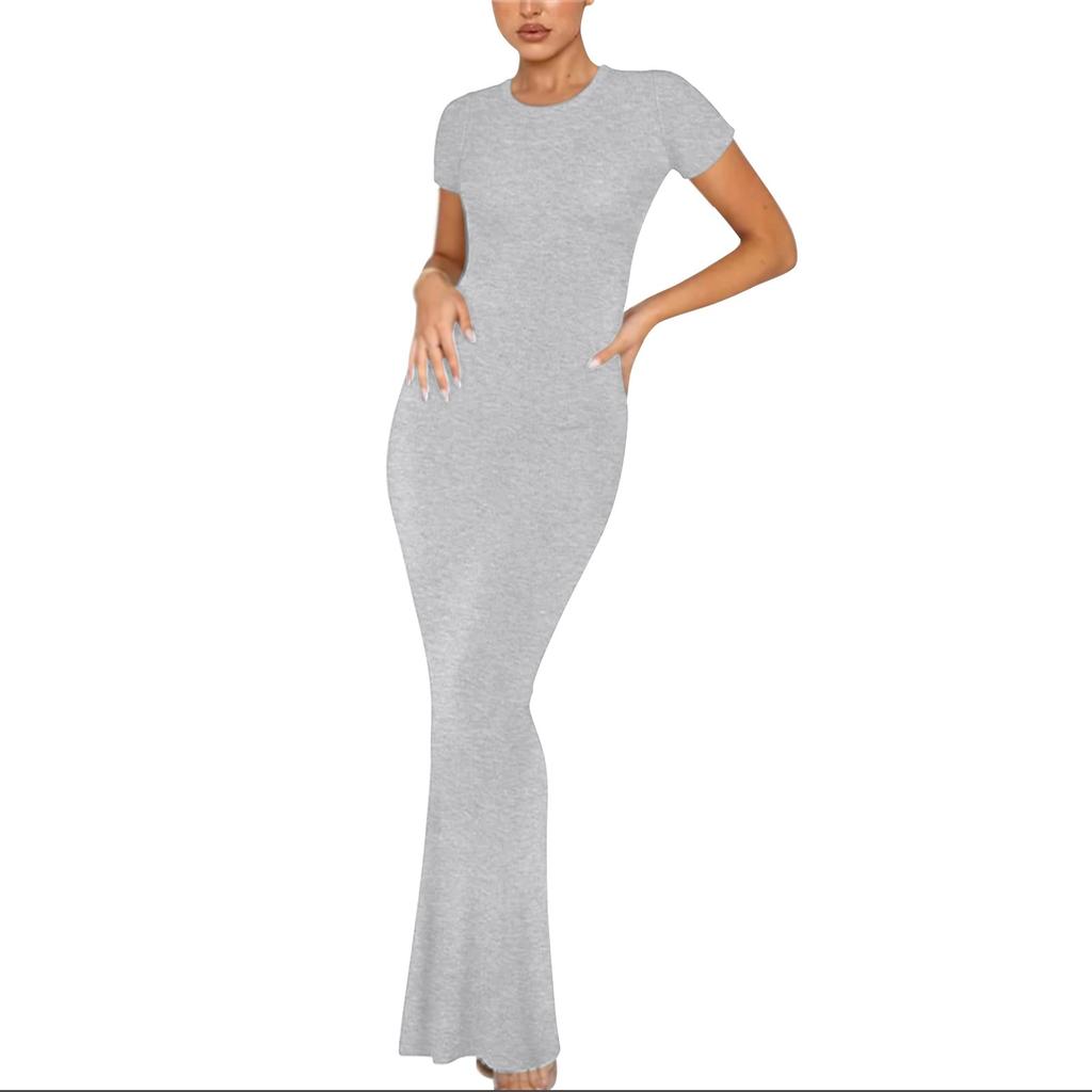 Женское модное и сексуальное однотонное длинное платье с круглым вырезом и короткими рукавами