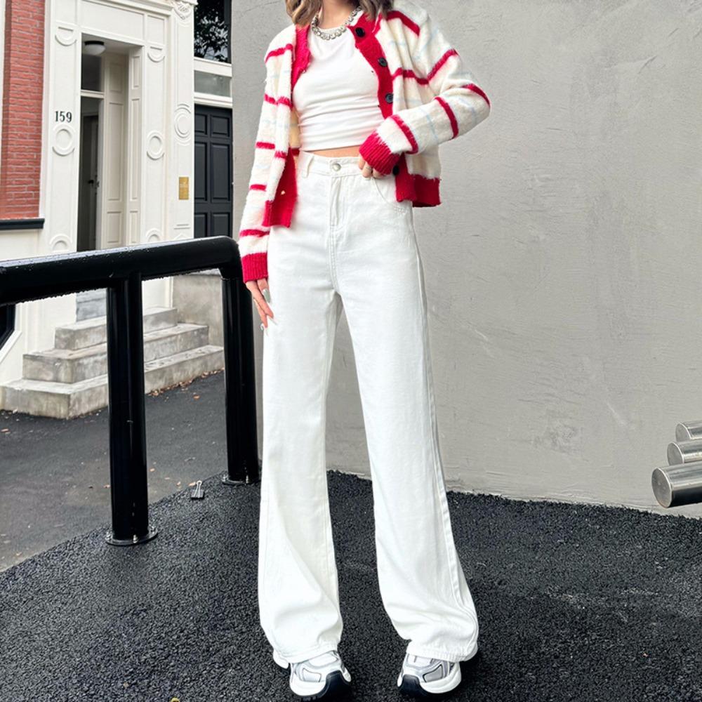 Korean Version of Simple High-waisted Loose Wide-leg Pants Versatile Drape Straight-leg Pants Jeans Women's Ins Denim Trousers Tide