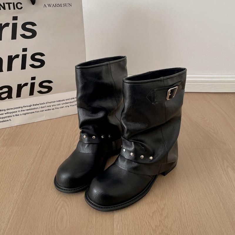 Зимние винтажные плиссированные женские ботильоны-трубы до щиколотки, модные туфли с ремешком на заклепках и пряжке, женские лаконичные ботильоны на толстом каблуке