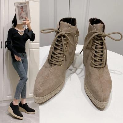 Туфли на танкетке для женщин 2024 года, женские ботильоны с острым носком в стиле ретро, большие размеры 36-42, повседневные ботинки на платформе со шнуровкой, Botas De Mujer
