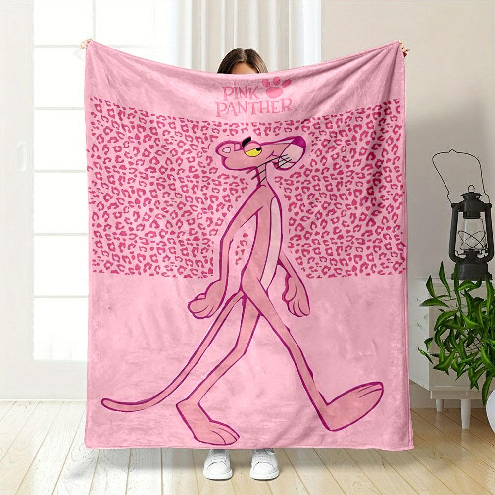Pink leopard print background with a walking pink panther character. for all seasons blanket lunch break throw gift