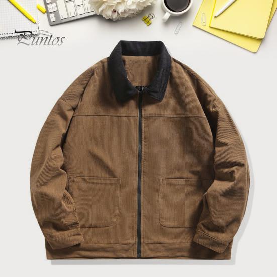 Мужская вельветовая куртка с воротником-лацканом, длинным рукавом, повседневная куртка в стиле пэчворк, пальто с карманами, застежка-молния, верхняя одежда