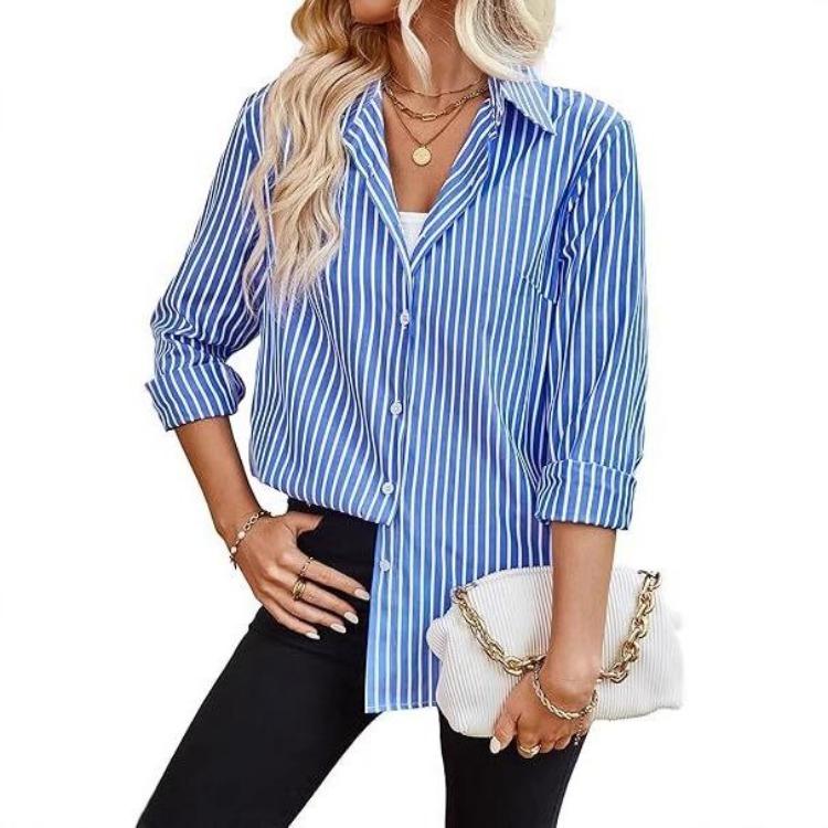 Elegant Casual Long Sleeve Striped Blouse Top Ladies Shirt All Match Summer Spring