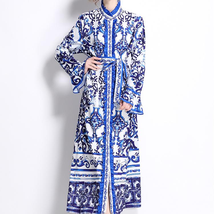 Весна-Осень, взлетно-посадочная полоса, желтый, красный, синий и белый фарфоровый халат с принтом, женские вечерние платья макси с рюшами и длинными расклешенными рукавами на шнуровке с поясом