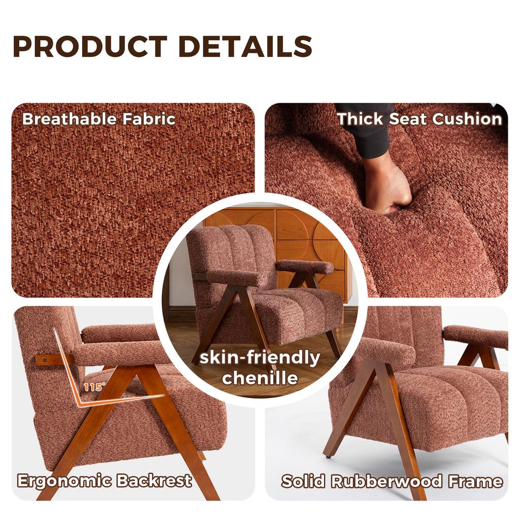 Bouclé Seating Furniture with Wooden Frame, Armchair for Living Room, Bedroom, Rust Red